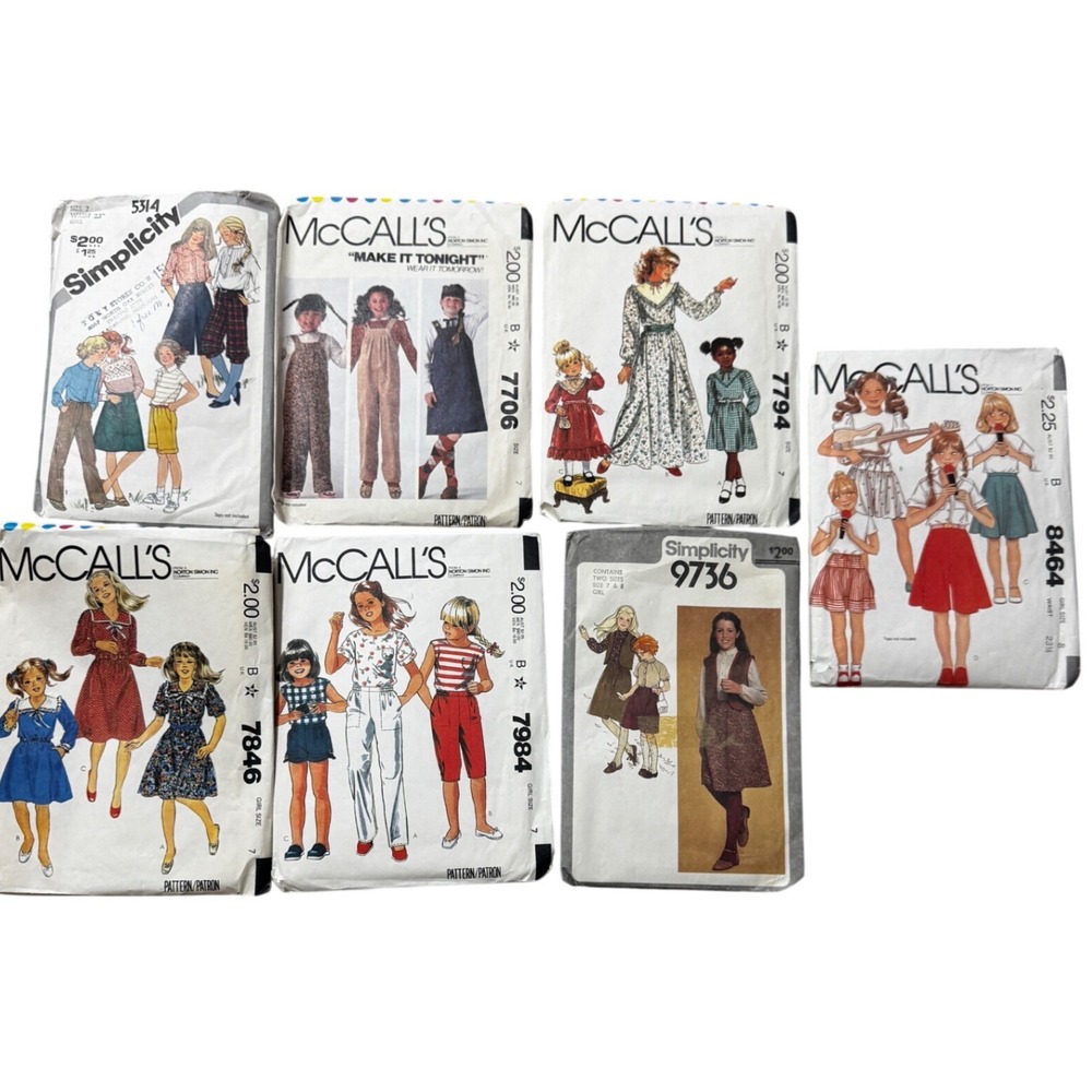 Vintage McCall's & Simplicity Girls Sewing Pattern Lot Sz 7-8 1970s-80s Cut